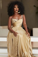 Timeless One Shoulder Sleeveless A-Line Prom Dresses Floor Length With Pleats