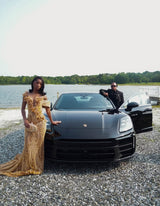 Sparkling Gold V-Neck Off-The-Shoulder Mermaid Prom Dresses Column Long Pearl With Beads