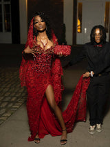 Glamorous Burgundy V-Neck Strapless Sleeveless Mermaid Prom Dresses Sheath Gem With High Split