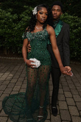 New Arrival Dark Green Sparkle Beads Mermaid Court Train Mermaid Prom Dresses