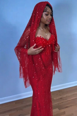 Unique Red Sweetheart Strapless Sleeveless Mermaid Column Gem Prom Dresses