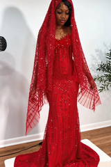 Unique Red Sweetheart Strapless Sleeveless Mermaid Column Gem Prom Dresses