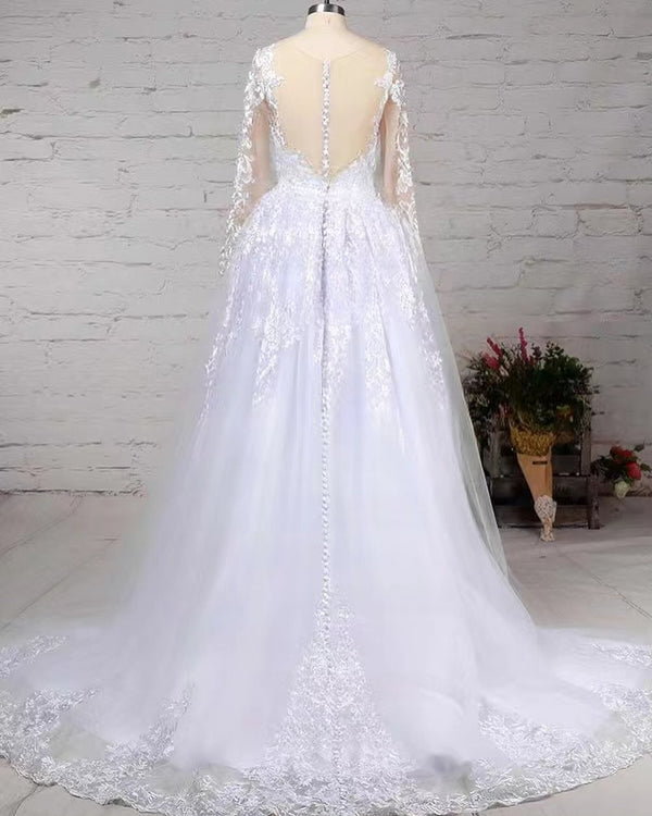 Ballbella Long Sleeves Scoop Wedding Dress Princess Lace Bridal Gown