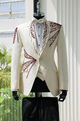 White Jacquard Burgundy Beaded 3-Piece Wedding Suit for Men