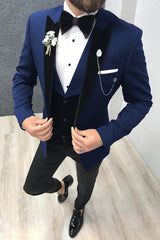 3 Piece Black-and-blue Peak Lapel Wedding Suits Tuxedos with Waistcoat-Ballbella