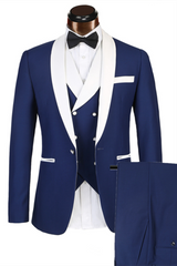 3 Piece Classic White Lapel Edge Banding Formal Blue Men's Suit For Wedding-Ballbella