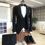 3-pieces All Black Shawl Lapel One Button Wedding Suits For Grooms-Ballbella