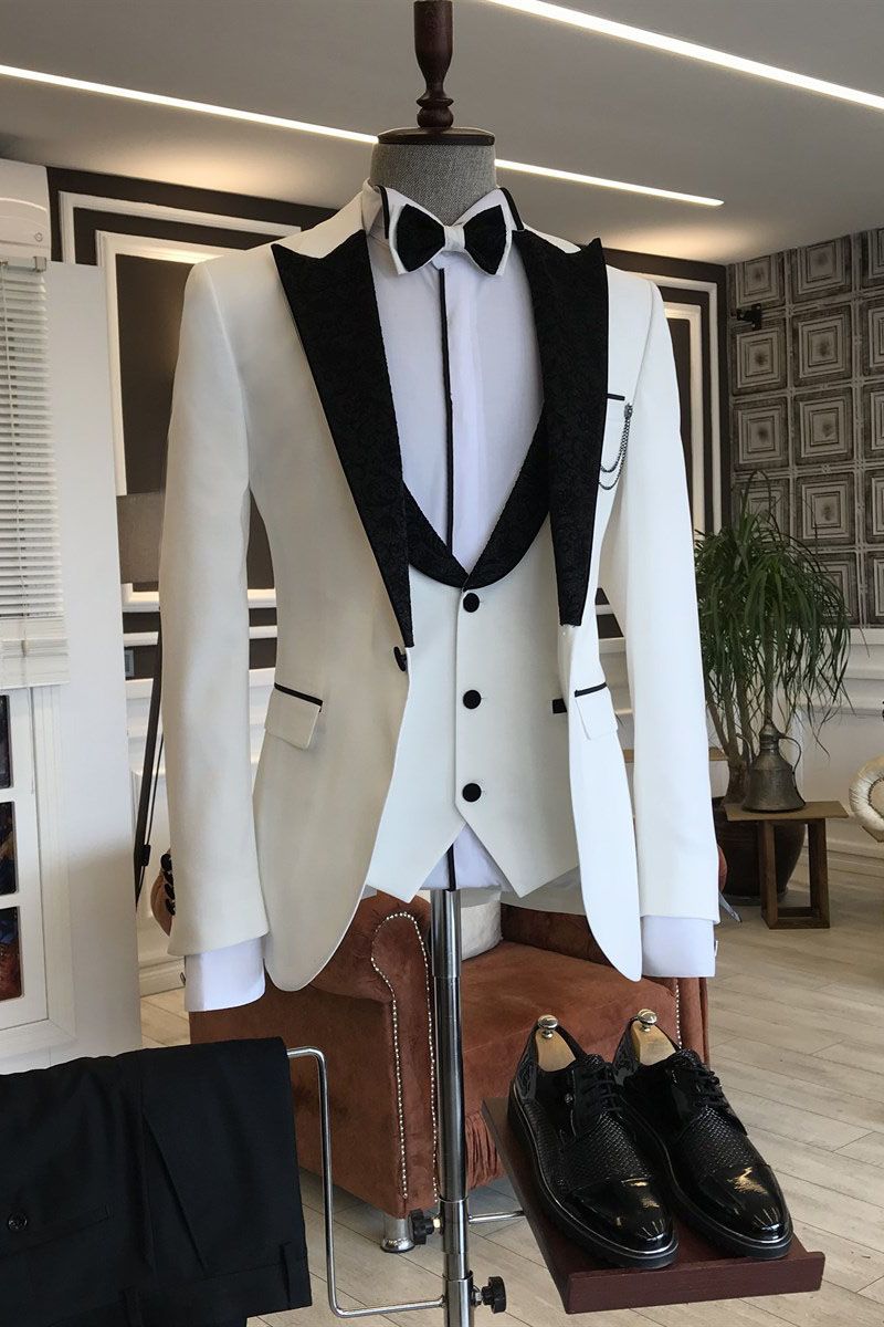 3-pieces White Men's Prom Suits mixed Black Peaked Lapel 3-pieces White Men's Prom Suits mixed Black Peaked Lapel