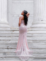 Romantic Strapless Sleeveless Mermaid Prom Dresses Column Gem With Lace-Up Back