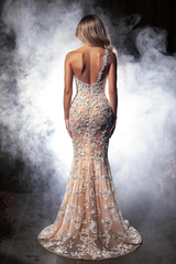 Unique One Shoulder Sleeveless Mermaid Prom Dresses High Split Sheath With Zipper