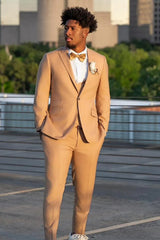 Khaki Peaked Lapel 3-Piece One-Button Prom Suit