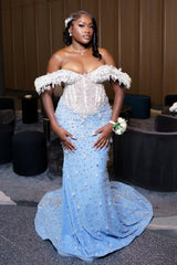 Classic Sky Blue White Off-The-Shoulder Mermaid Prom Dresses Sheath Long With Gem
