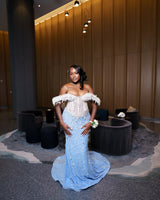 Classic Sky Blue White Off-The-Shoulder Mermaid Prom Dresses Sheath Long With Gem