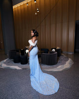 Classic Sky Blue White Off-The-Shoulder Mermaid Prom Dresses Sheath Long With Gem