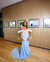 Classic Sky Blue White Off-The-Shoulder Mermaid Prom Dresses Sheath Long With Gem