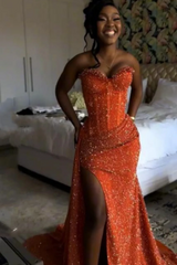 Orange Sweetheart Sparkle Sequin Mermaid High Split Prom Dresses