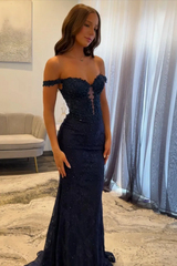 Pretty Dark Navy Off-The-Shoulder Mermaid Prom Dresses Floor Length With Zipper