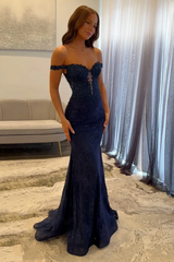 Pretty Dark Navy Off-The-Shoulder Mermaid Prom Dresses Floor Length With Zipper