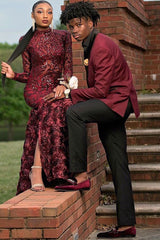 Burgundy One-Button Prom Suit with Black Shawl Lapel