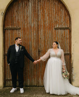 Illusion Neck Plus Size Chic A-line Lace Sweep Train Long Sleeves Wedding Dresses