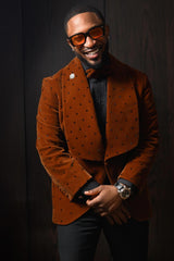 Caramel Shawl Lapel Velvet Prom Suit with Beading