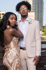 Light Champagne Notched Lapel Two-Button Prom Suit with Flaps