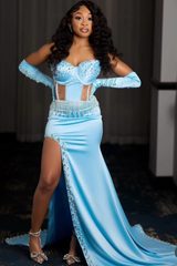 Unique Sky Blue Sweetheart Strapless Sleeveless Mermaid Satin Prom Dresses Side Split With Lace-Up Back