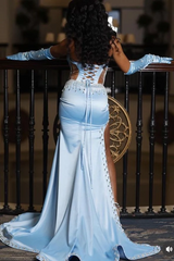 Unique Sky Blue Sweetheart Strapless Sleeveless Mermaid Satin Prom Dresses Side Split With Lace-Up Back