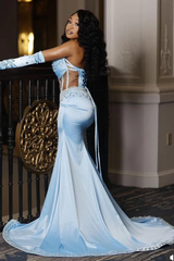 Unique Sky Blue Sweetheart Strapless Sleeveless Mermaid Satin Prom Dresses Side Split With Lace-Up Back