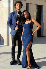 Timeless Dark Navy Spaghetti-Straps Sleeveless Mermaid Prom Dresses Side Split With Pleats