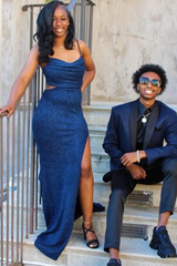Timeless Dark Navy Spaghetti-Straps Sleeveless Mermaid Prom Dresses Side Split With Pleats