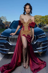 Elegant Burgundy Off-The-Shoulder Satin Mermaid Prom Dresses High Split With Pleats