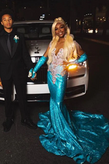 Romantic Blue Sleeveless Mermaid Prom Dresses Column Gem With Pleats Gloves
