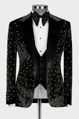 Luxury Black Velvet 3-Piece Prom Suit with Gold Beadings for Dinner