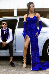 Unique Royal Blue Strapless Sleeveless Mermaid Prom Dresses Gem Sheath With Side Split