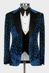 Navy Blue Velvet 3-Piece Peaked Lapel Prom Suit with Gold Beadings