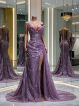 Timeless Purple Sweetheart Strapless Sleeveless Mermaid Prom Dresses High Split With Pleats