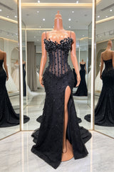 Modern Black Strapless Sleeveless Mermaid Prom Dresses Gem Sheath With High Split