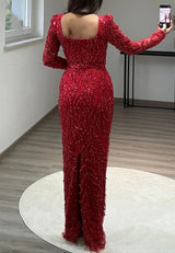 Glamorous Red Long Sleeves Mermaid Prom Dresses Floor Length Sheath With Beads Zipper