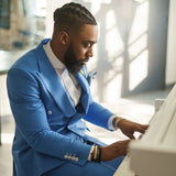 Blue Peaked Lapel Double-Breasted Prom Suit