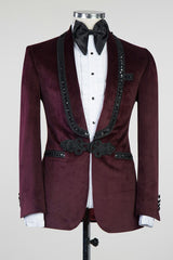 Burgundy Velvet Knitted Button Prom Suit with Black Chains