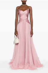 Chic Pink Sweetheart Pleats Sleeveless Pleated Prom Dress with Feather