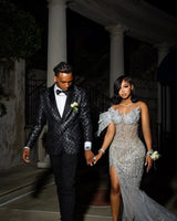 Round neck Silver Mermaid High Split One-shoulder Court Train Prom Dresses