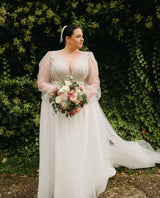 Illusion Neck Plus Size Chic A-line Lace Sweep Train Long Sleeves Wedding Dresses