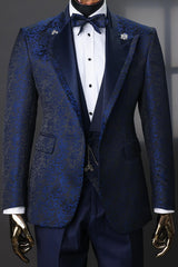Navy Blue Jacquard 3-Piece Wedding Suit for Groom