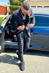 Black Jacquard Peaked Lapel Prom Suit