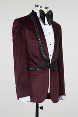 Burgundy Velvet Knitted Button Prom Suit with Black Chains