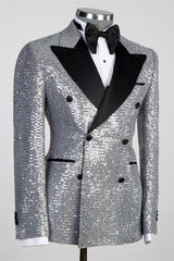 Silver Sequin Black Peaked Lapel Double-Breasted Men's Suit