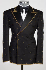 Black Peaked Lapel Double-Breasted Prom Suit with Gold Beading