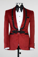 Dark Red Velvet Knitted Button Prom Suit with Black Chains